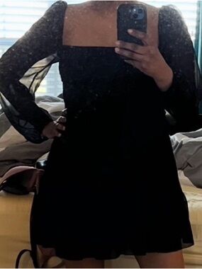 Aritzia Black Square-Neck Mini Dress with Sheer Puff Sleeves